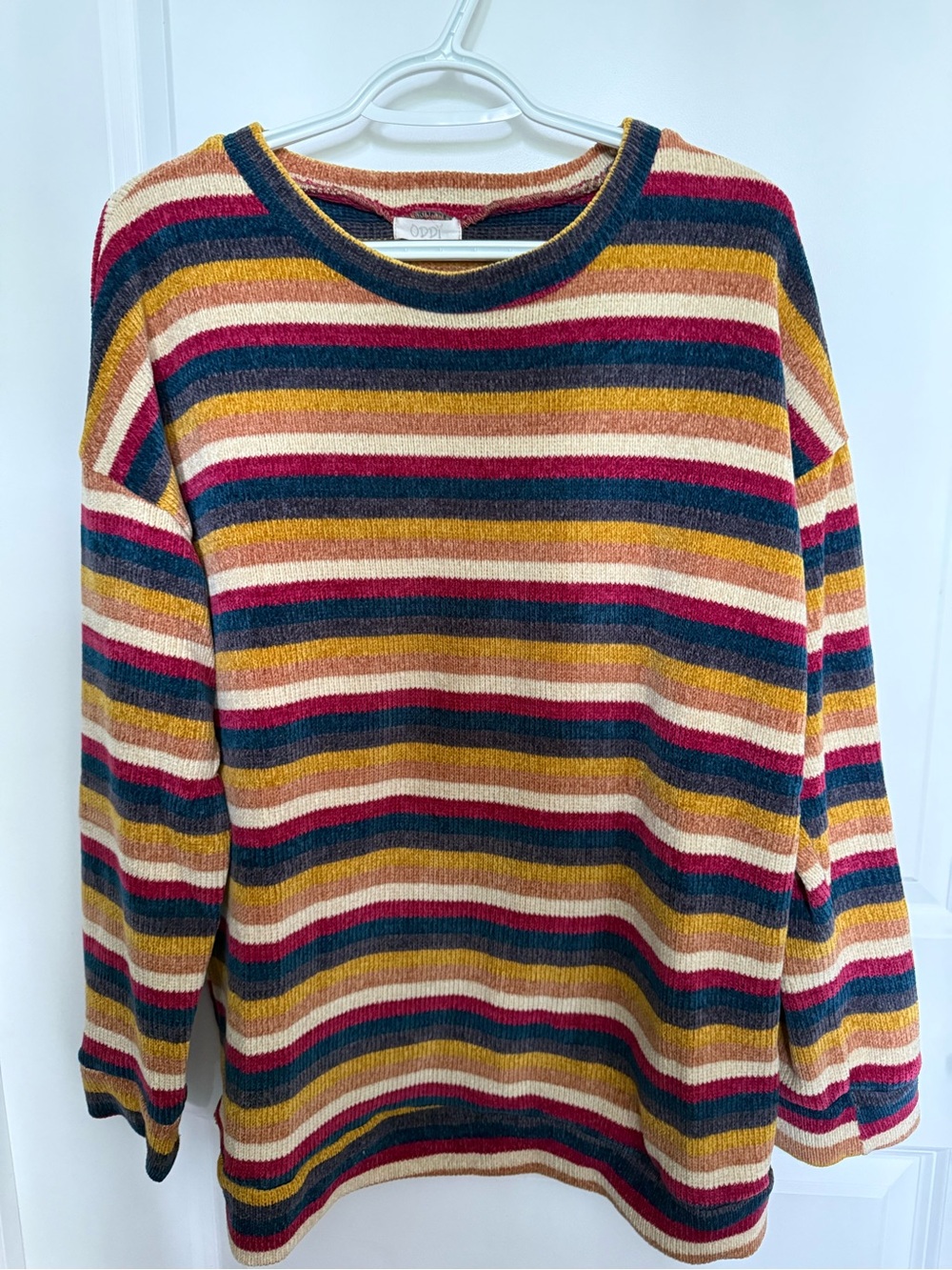 Trendy boutique Mustard, Burgundy & Teal Striped Crewneck Sweater